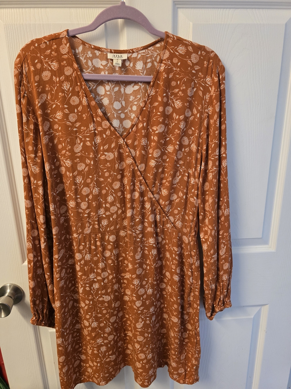 a.n.a Rust Floral V-Neck Long Sleeve Dress